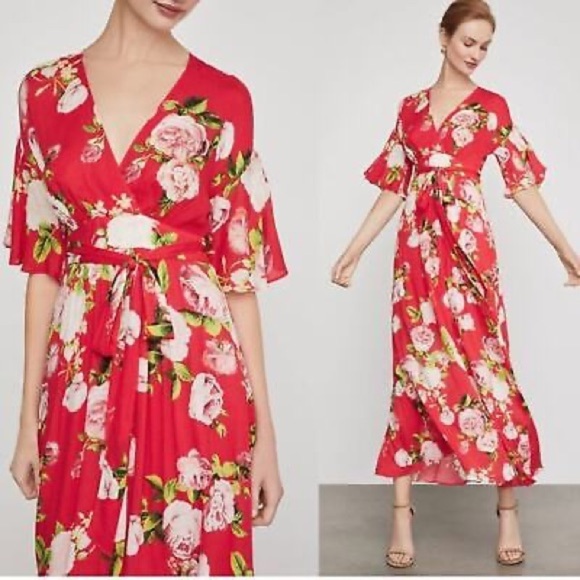 BCBGMaxAzria Flutter Sleeve In Bloom Floral Print Faux Wrap Maxi Dress Size XS - Picture 1 of 8